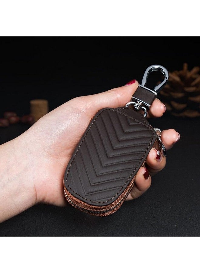 keyzone Unisex Chevron Pattern Leather Car Key Holder pouch Bag, Keychain Case Wallet with Zipper Closure (Brown) - Image 1