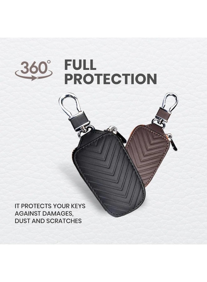 keyzone Unisex Chevron Pattern Leather Car Key Holder pouch Bag, Keychain Case Wallet with Zipper Closure (Brown) - Image 4