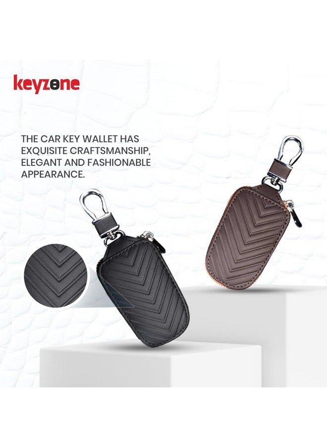 keyzone Unisex Chevron Pattern Leather Car Key Holder pouch Bag, Keychain Case Wallet with Zipper Closure (Brown) - Image 2