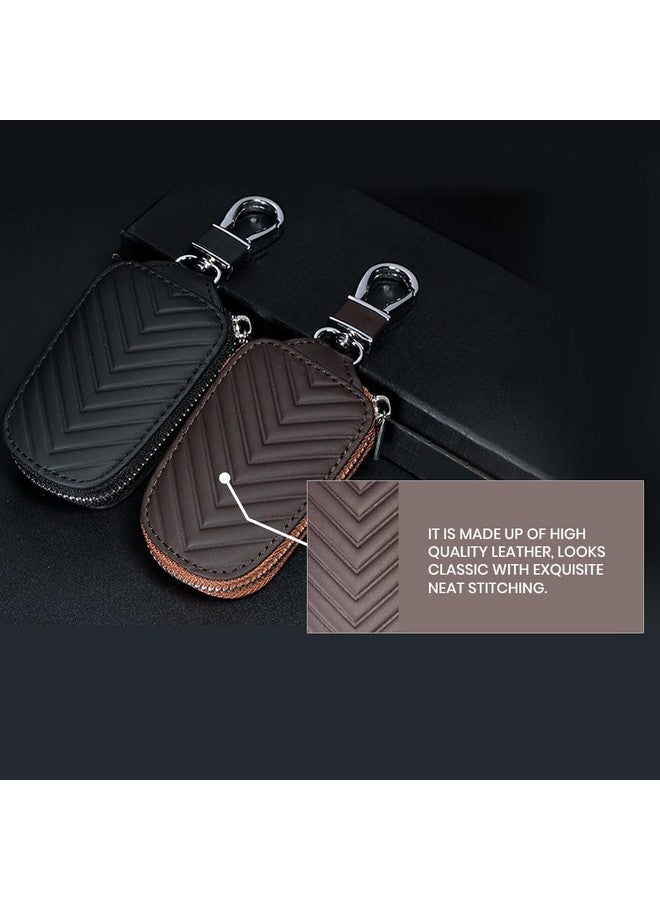 keyzone Unisex Chevron Pattern Leather Car Key Holder pouch Bag, Keychain Case Wallet with Zipper Closure (Brown) - Image 3