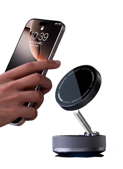 Magnetic Car Phone Holder,with Foldable Stand, Suction Cup Mount Made of Zinc Alloy, Multi-Angle Rotation, Includes Mirror Stickers, Magnetic Sheets, Hex Wrench, and Foldable Bracket for Easy Installation.