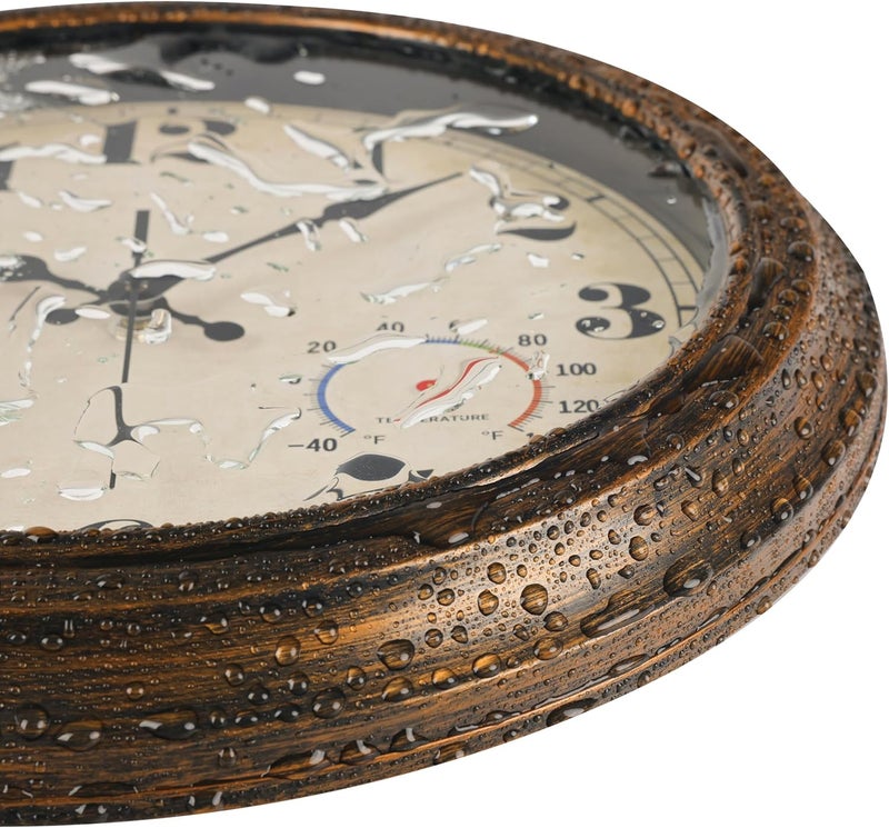45MinST 13-Inch Vintage Outdoor Wall Clock with Thermometer and Hygrometer, Waterproof, Large Numbers, Silent, for Indoor and Outside Use,Porch,Garden,Pool(Bronze) - Image 3