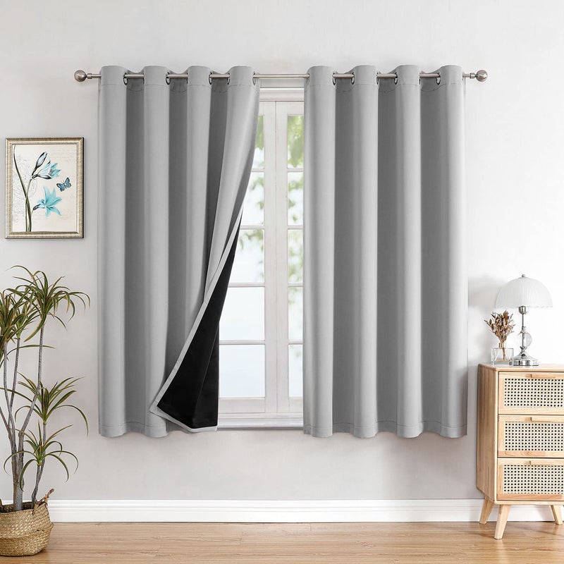 ChrisDowa 100 Blackout Curtains for Bedroom with Black Liner 2 Thick Layers Total Blackout Thermal Insulated Grommet Small Window Curtains 54 Inch Long 2 Panels Set Light Grey 52 x 54 Inch