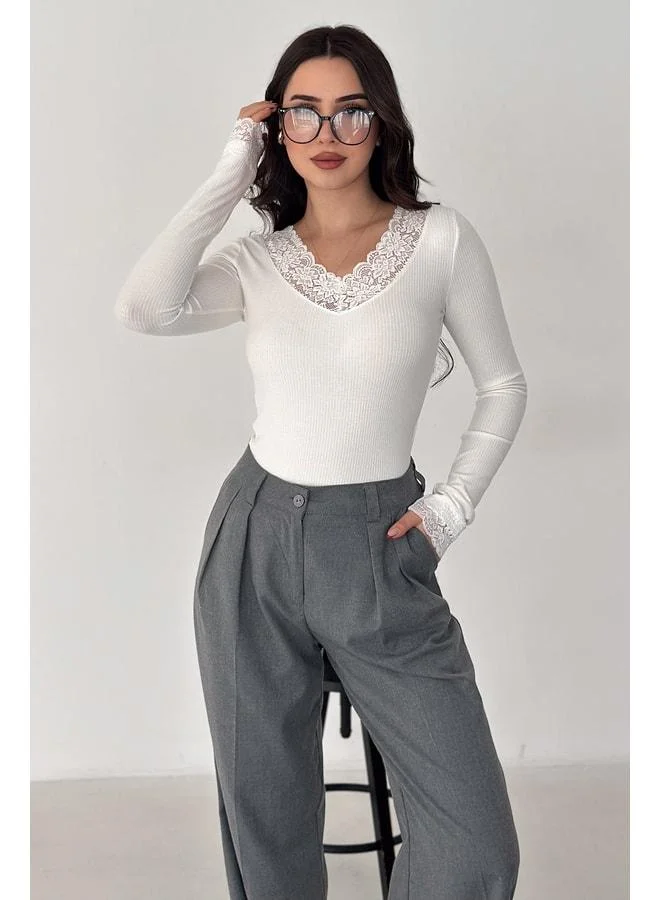Noa Noa Women's Lace-Detailed Ribbed Blouse – Ivory Grace