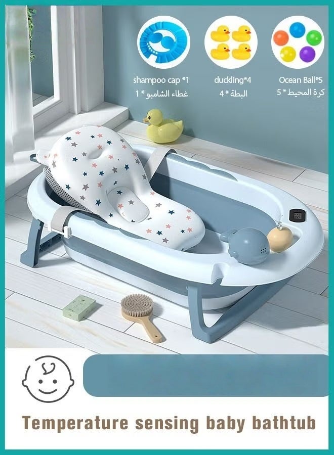 13 قطعة حوض استحمام قابل للطي للأطفال مع مستشعر درجة الحرارة + وسادة حوض الاستحمام + قبعة الاستحمام + كوب شامبو لغسل الشعر *1 + ألعاب البط *4 + كرات المحيط *5 - Image 1