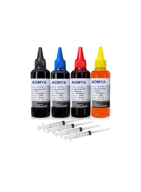 Aomya Ink Refill Kit 100ml for HP 61 60 62 63 564 920 901 902 932 933 934 940 950 951 952 94 95 96 Inkjet Printer Cartridges Refillable Ink Cartridges CIS CISS System 4 Color Set with 4 Syringes