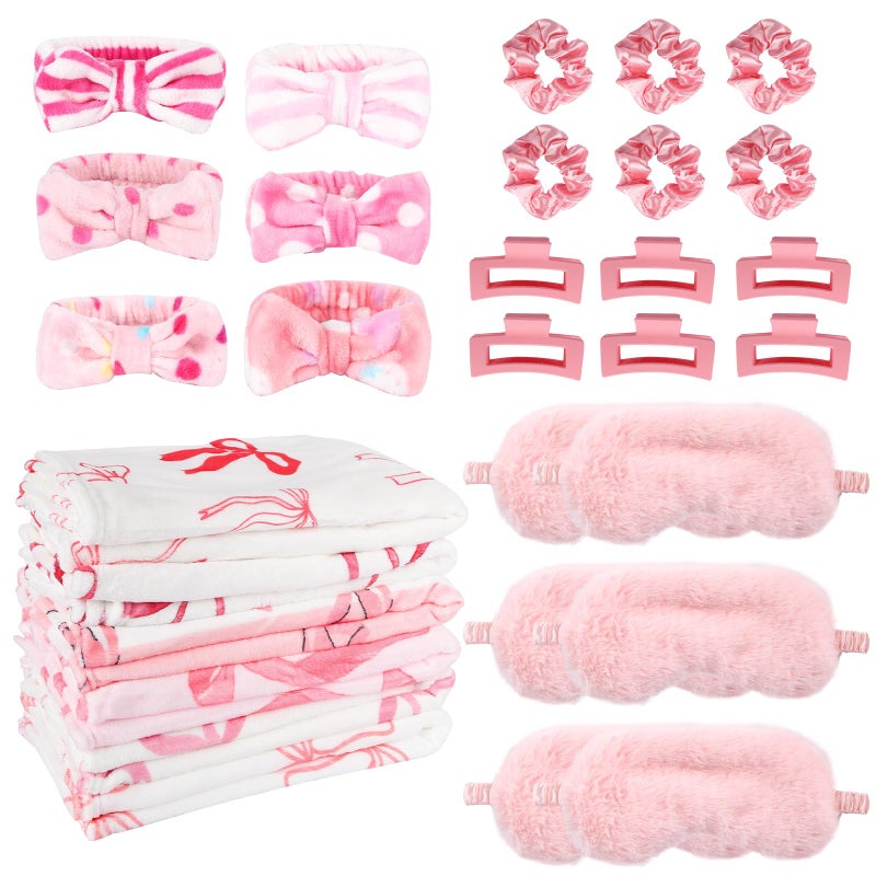 WAYASDCU 30 Pcs Sleepover Party Supplies for Girls, 6 Style Cute Pink Bow Blanket 6 Hair Clips 6 Hair Ties 6 Plush Pink Eye Mask Cover 6 Coral Fleece Spa Headband for Slumber Party Supplies for Girls - Image 1