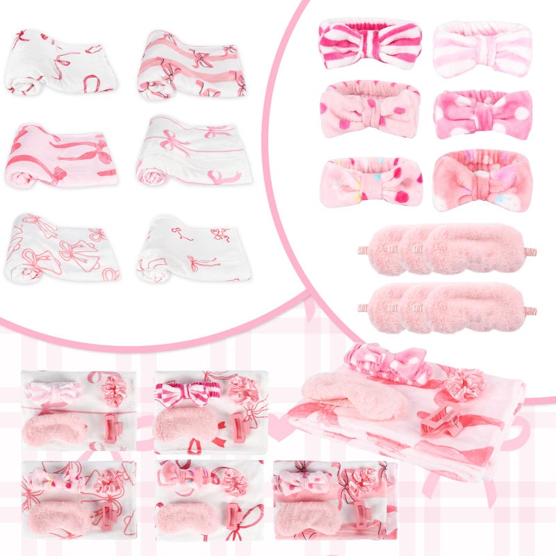 WAYASDCU 30 Pcs Sleepover Party Supplies for Girls, 6 Style Cute Pink Bow Blanket 6 Hair Clips 6 Hair Ties 6 Plush Pink Eye Mask Cover 6 Coral Fleece Spa Headband for Slumber Party Supplies for Girls - Image 2