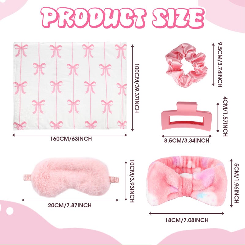 WAYASDCU 30 Pcs Sleepover Party Supplies for Girls, 6 Style Cute Pink Bow Blanket 6 Hair Clips 6 Hair Ties 6 Plush Pink Eye Mask Cover 6 Coral Fleece Spa Headband for Slumber Party Supplies for Girls - Image 5