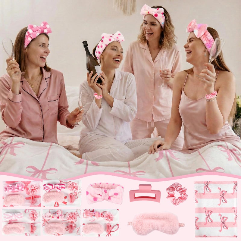 WAYASDCU 30 Pcs Sleepover Party Supplies for Girls, 6 Style Cute Pink Bow Blanket 6 Hair Clips 6 Hair Ties 6 Plush Pink Eye Mask Cover 6 Coral Fleece Spa Headband for Slumber Party Supplies for Girls - Image 4
