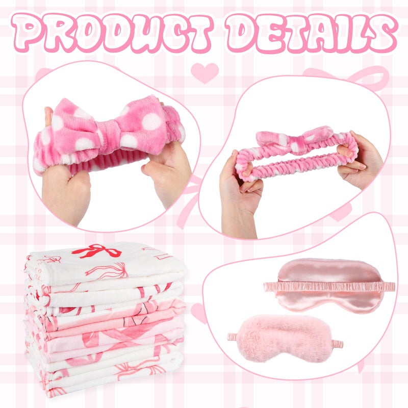 WAYASDCU 30 Pcs Sleepover Party Supplies for Girls, 6 Style Cute Pink Bow Blanket 6 Hair Clips 6 Hair Ties 6 Plush Pink Eye Mask Cover 6 Coral Fleece Spa Headband for Slumber Party Supplies for Girls - Image 3