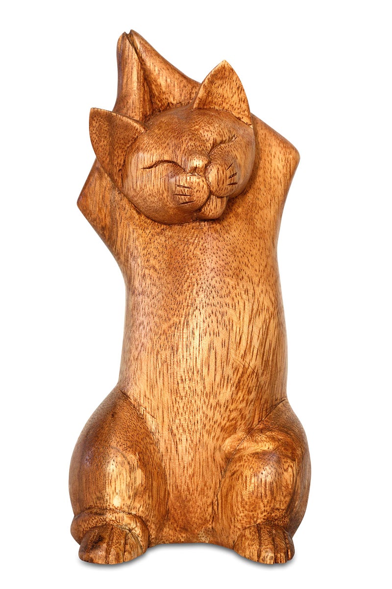G6 Collection 8 Wooden Hand Carved Siamese Cat Yoga Pose Statue Sculpture Handcrafted Art Decoration Home Decor Accent Decorative Kitty Kitten Figurine Gift Handmade Upward Salute Pose