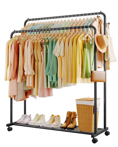 Sakugi Clothes Rack Double Rods Clothing Rack with Mesh Shelf Hooks Wheels Metal Clothing Racks for Hanging Clothes Bags Multifunctional Garment Rack for Laundry Black 472 x 169 x 591 - Image 1