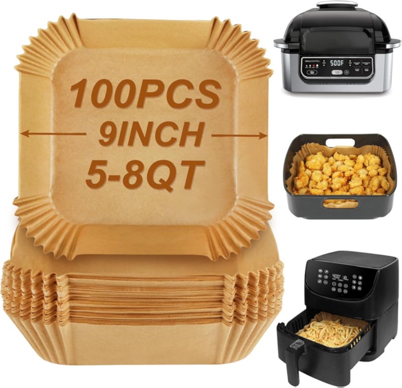 BYKITCHEN Air Fryer Sheets Liners for Ninja AG301 Grill, Cosori, Gourmia Air Fryer, 9 Inch Square Air Fryer Parchment Paper Filters for 5 to 8 Qt Basket, Ninja Foodi Grill Accessories (Set of 100)