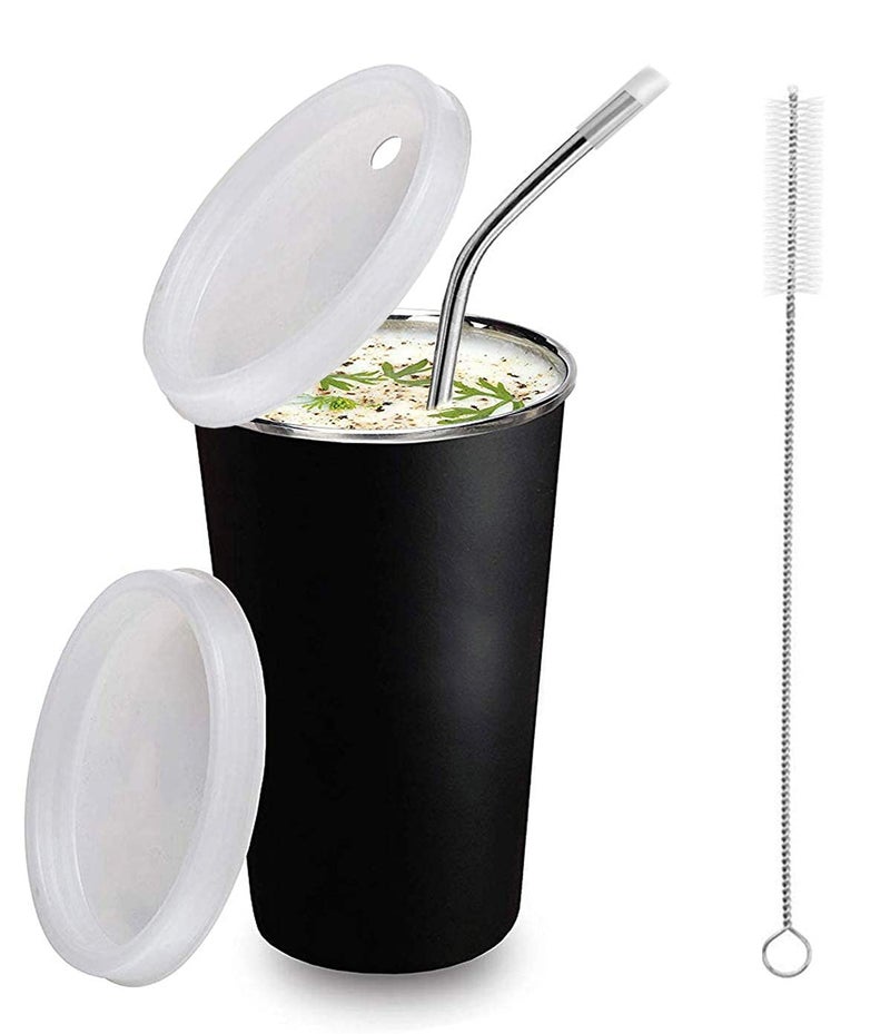 NOBILEA Stainless Steel Straw Glass Travelling Sipper Kids Juice Water Milk Leak Proof lid Glass with Straw Cleaning brush370 ml Black - Image 1