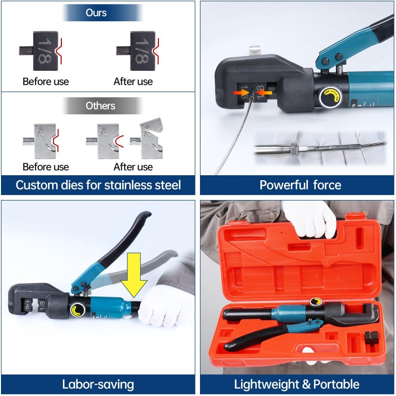 Muzata Custom Cable Railing Crimping Tool Hydraulic Crimper Hydraulic Crimping Tool for 1/8" Stainless Steel Cable Railing Kit Wire Rope Swaging Kit with Wire Cutter CR09 CK12 - Image 3