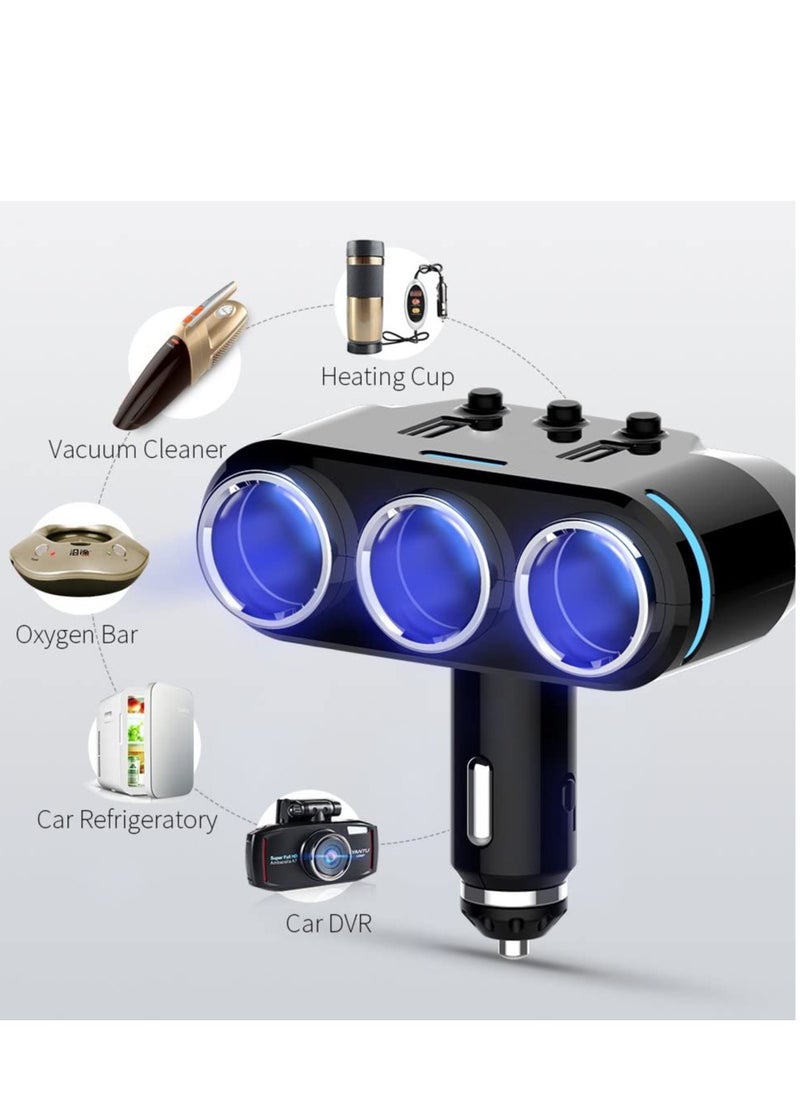 Car Charger Splitter Adapter 3 Socket with LED Voltage Display Dual USB Car Charger On/Off Switches 12V Dashcam Replaceable fuse (Wireless)
