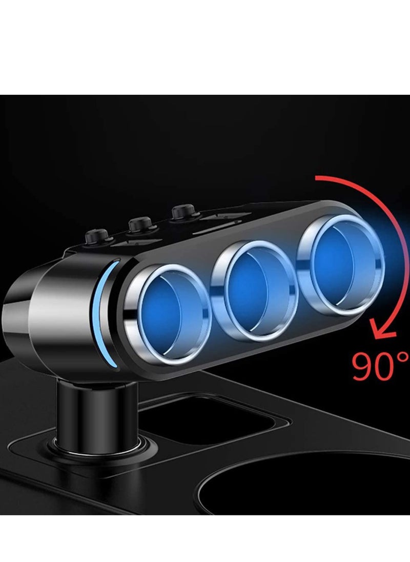 Car Charger Splitter Adapter 3 Socket with LED Voltage Display Dual USB Car Charger On/Off Switches 12V Dashcam Replaceable fuse (Wireless)