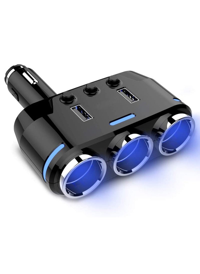 Car Charger Splitter Adapter 3 Socket with LED Voltage Display Dual USB Car Charger On/Off Switches 12V Dashcam Replaceable fuse (Wireless)