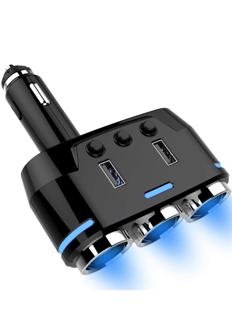 Car Charger Splitter Adapter 3 Socket with LED Voltage Display Dual USB Car Charger On/Off Switches 12V Dashcam Replaceable fuse (Wireless)