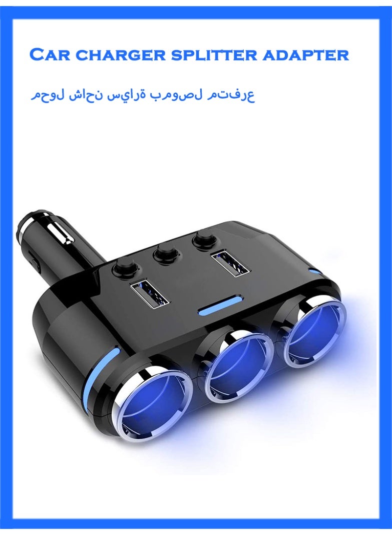 Car Charger Splitter Adapter 3 Socket with LED Voltage Display Dual USB Car Charger On/Off Switches 12V Dashcam Replaceable fuse (Wireless) - Image 1