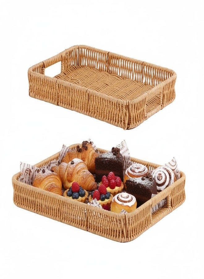 Fvstar 2pcs Rectangular Serving Tray with Handles, Decorative Wicker Organizer Baskets Storage Tray for Coffee Table, Bread, Fruit, Snacks, Centerpiece Decor - Image 1