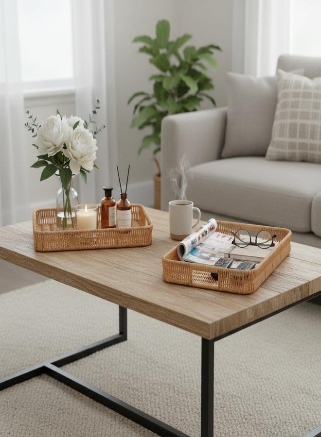 Fvstar 2pcs Rectangular Serving Tray with Handles, Decorative Wicker Organizer Baskets Storage Tray for Coffee Table, Bread, Fruit, Snacks, Centerpiece Decor - Image 4