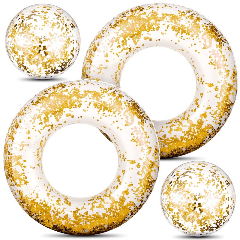 Hungdao 4 Pcs Glitter Inflatable Pool Float Tube Confetti Swim Ring and Glitter Beach Ball Confetti Inflatable Beach Ball for Adult Teens Summer Pool FavorGold