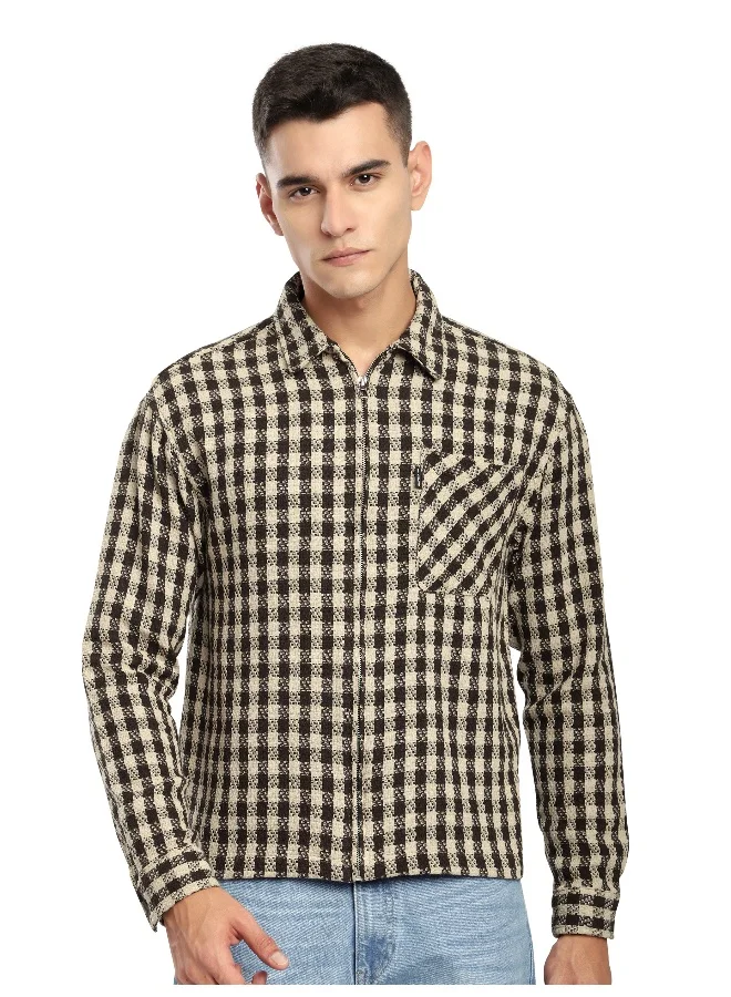 Beyoung Beige Zipper Cotton Flannel Shacket
