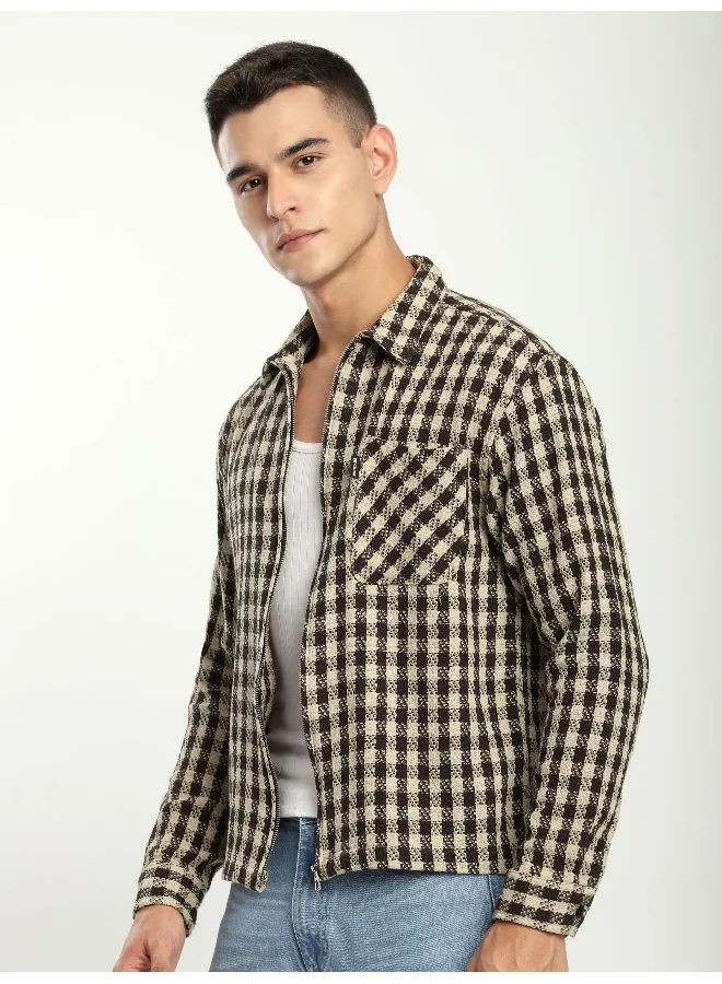 Beyoung Beige Zipper Cotton Flannel Shacket