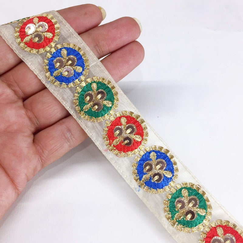 Lami 9 Meters Turquoise Parsi Resham Round Design Embroidery Border with Sequin & Golden Jari/Zari Lace Fancy Ribbon, Parsi Ghara Trims, Designer Indian Trimmings, Lace Bridal Lehenga Anarkali Lace - Image 1