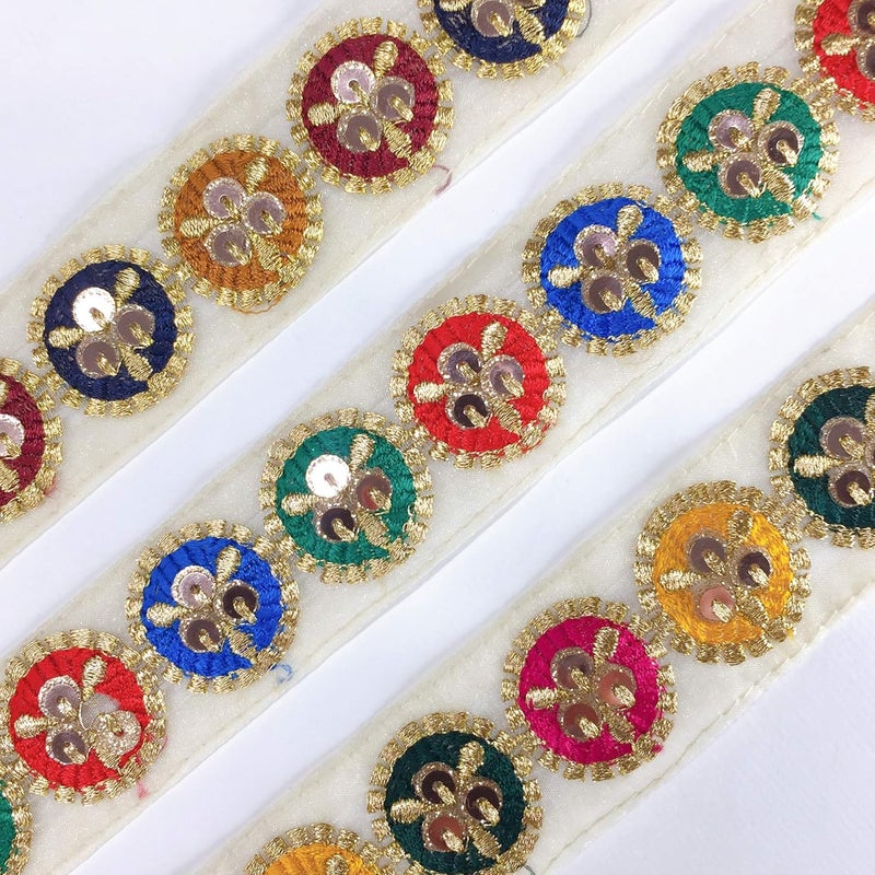 Lami 9 Meters Turquoise Parsi Resham Round Design Embroidery Border with Sequin & Golden Jari/Zari Lace Fancy Ribbon, Parsi Ghara Trims, Designer Indian Trimmings, Lace Bridal Lehenga Anarkali Lace - Image 3