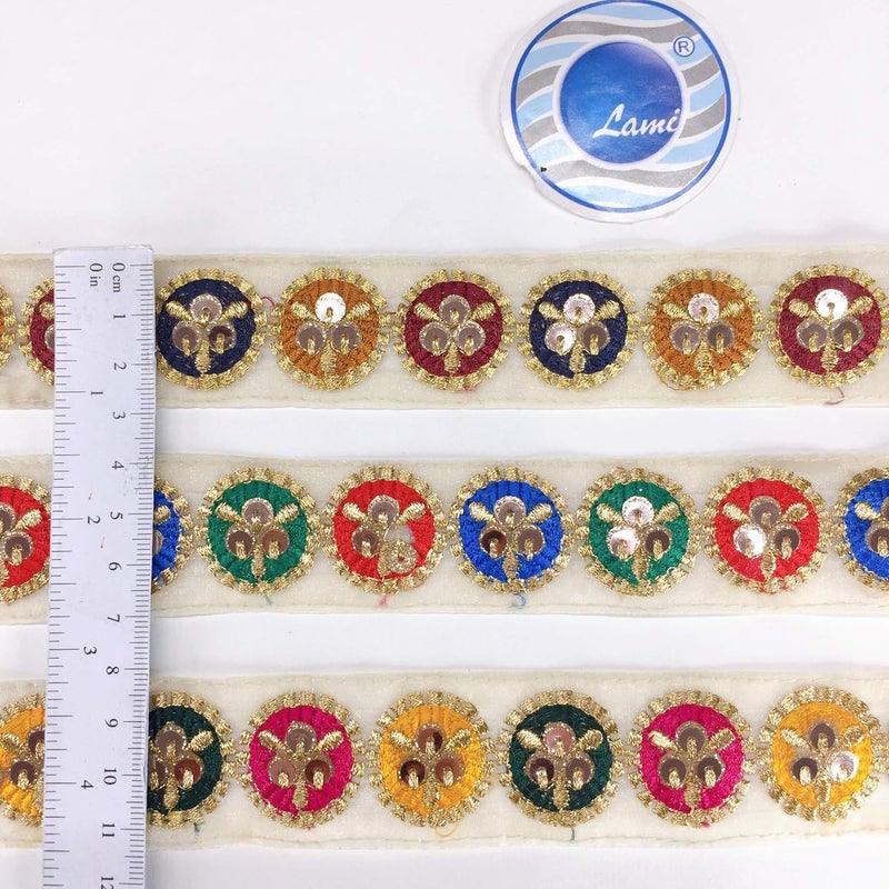 Lami 9 Meters Turquoise Parsi Resham Round Design Embroidery Border with Sequin & Golden Jari/Zari Lace Fancy Ribbon, Parsi Ghara Trims, Designer Indian Trimmings, Lace Bridal Lehenga Anarkali Lace - Image 4