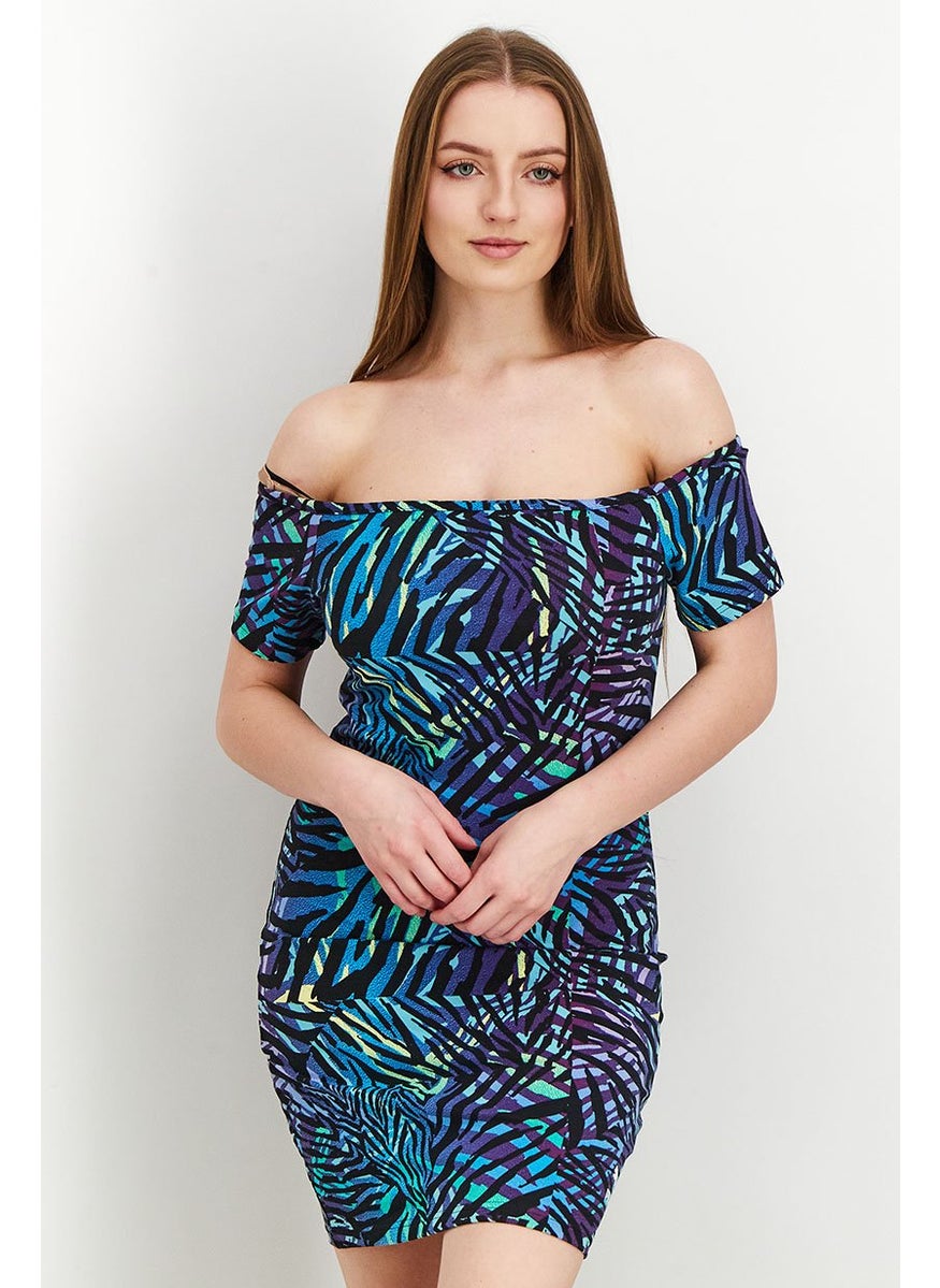 PUMA Women Off Shoulder Allover Print Mini Dress, Blue Combo  - Image 1