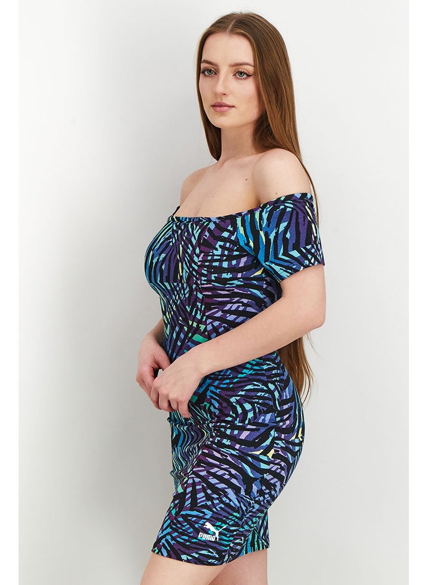 PUMA Women Off Shoulder Allover Print Mini Dress, Blue Combo  - Image 2