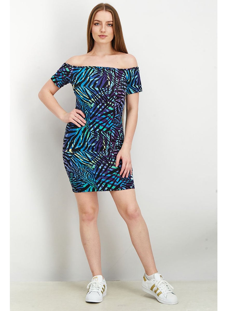 PUMA Women Off Shoulder Allover Print Mini Dress, Blue Combo  - Image 4