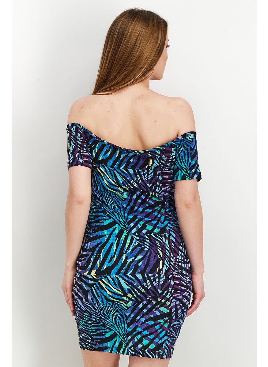 PUMA Women Off Shoulder Allover Print Mini Dress, Blue Combo  - Image 3