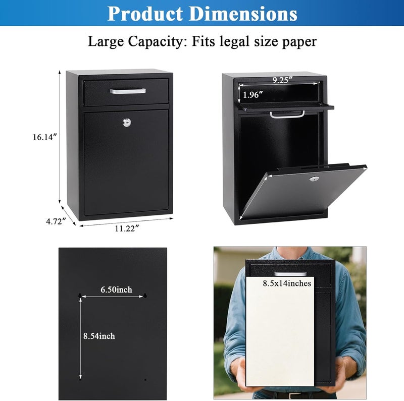 Jssmst Locking Mailbox for Outside, Key Lock Wall Mount Mailboxes Large, Security Drop Box with Lock, 16.2H x 11.22L x 4.72W Inches, Black XLarge - Image 2