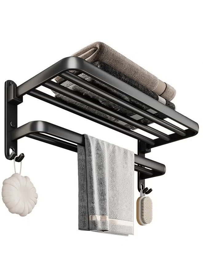 Arabest Perforation-free Double Shelf Towel Rack In Bathroom 50*23*20cm, Bathroom Lavatory Towel Rack with Hooks, Towel Holder (Matte Black)  - Image 1