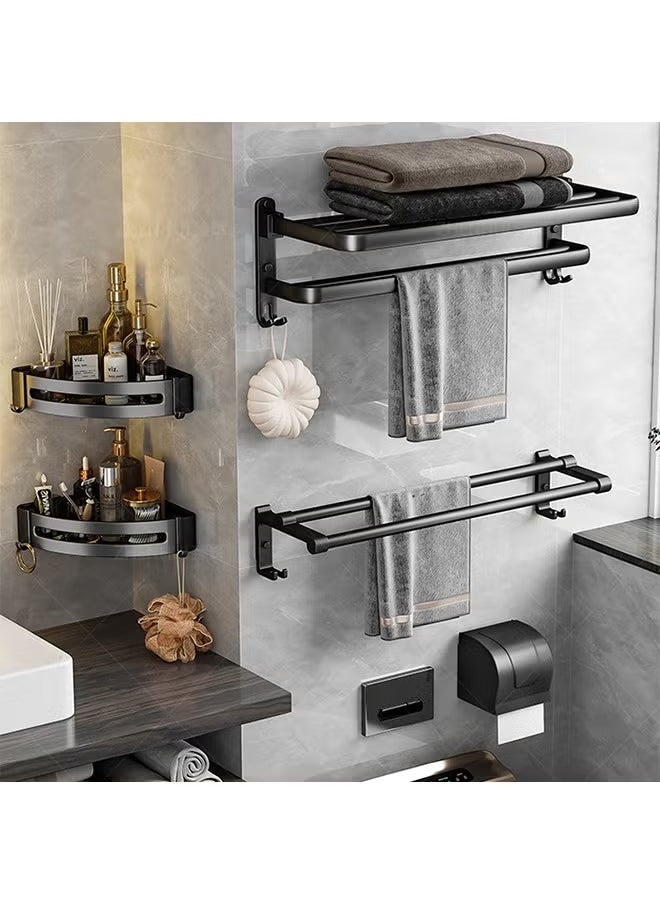 Arabest Perforation-free Double Shelf Towel Rack In Bathroom 50*23*20cm, Bathroom Lavatory Towel Rack with Hooks, Towel Holder (Matte Black)  - Image 2