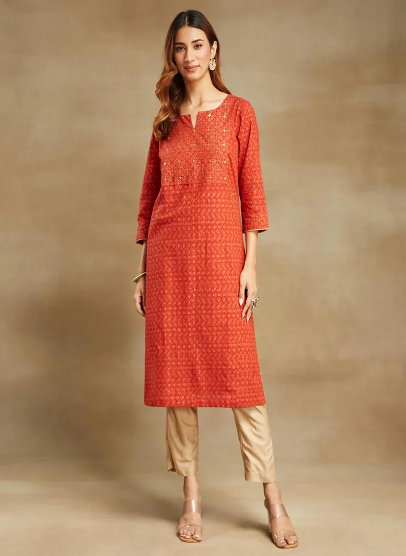 فاب انديا Orange Cotton Hand Block Printed Long Kurta