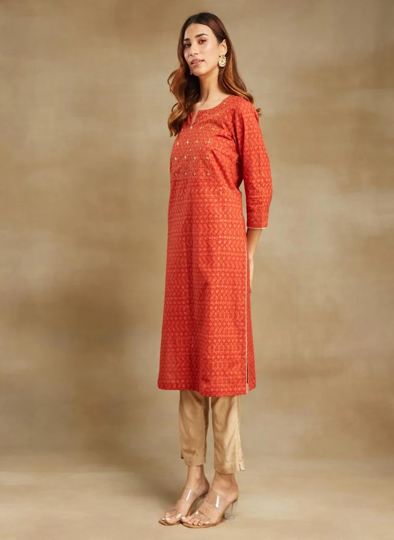 Fabindia Orange Cotton Hand Block Printed Long Kurta