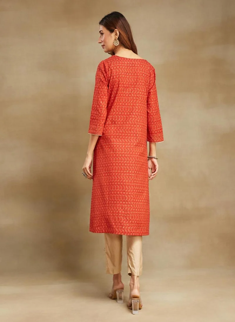 Fabindia Orange Cotton Hand Block Printed Long Kurta