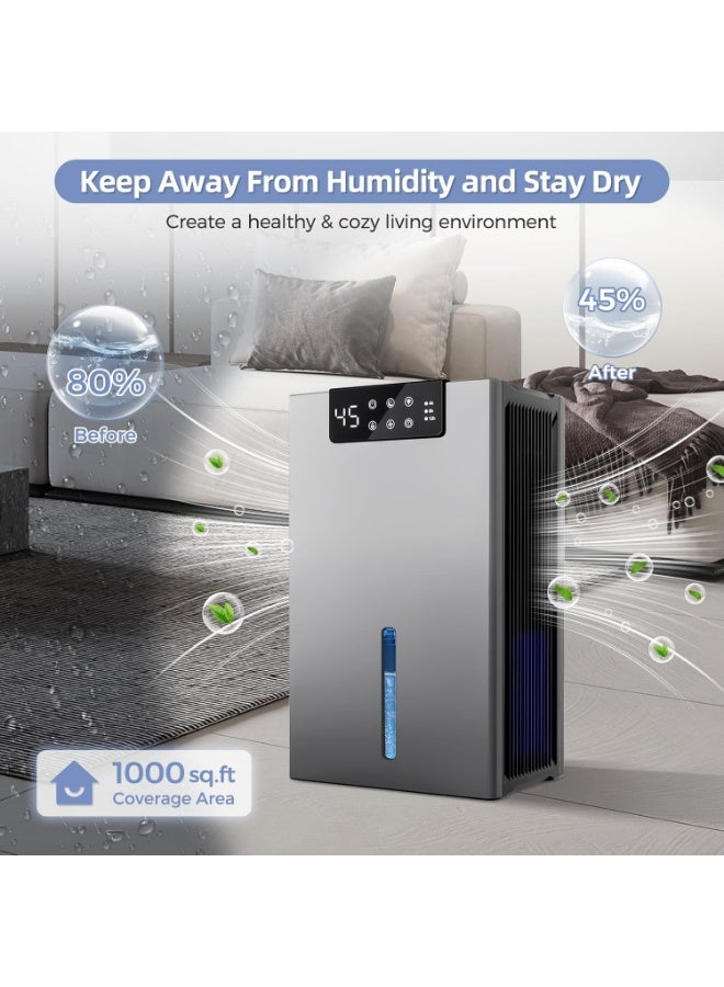 Arabest Dehumidifier, Dehumidifiers for Home(1000sq.ft), 98 OZ Water Tank, Dehumidifier Washable Air Filter, Dehumidifiers for Basement Bedroom Bathroom, Auto Shut Off, Timer Setting, 7 Colors Light, Gray - Image 5