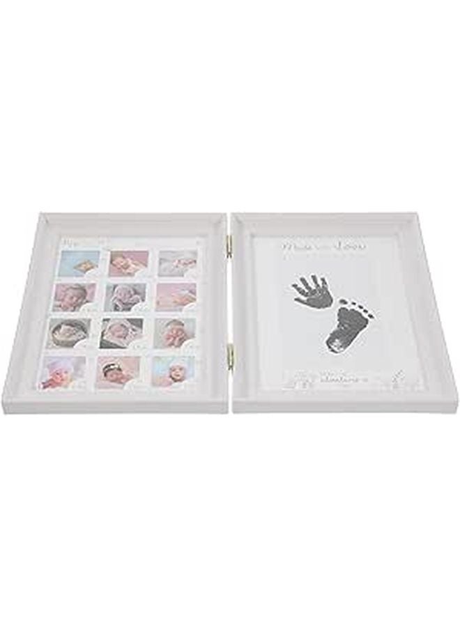 White Double Fold Newborn Footprint Picture Frame with Handprint Kit First Year Keepsake - Image 1