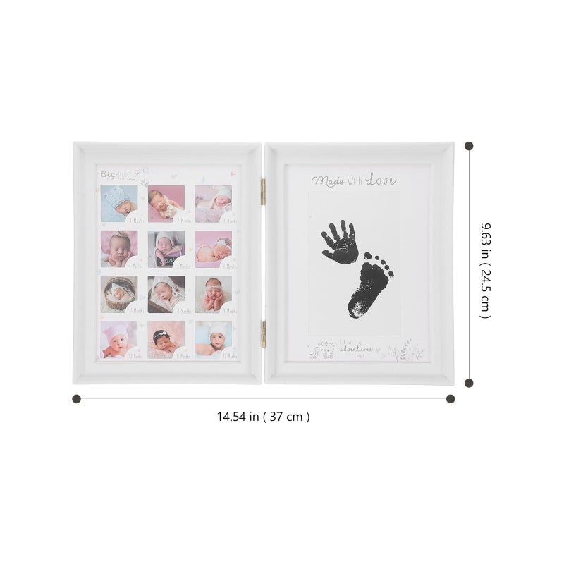 White Double Fold Newborn Footprint Picture Frame with Handprint Kit First Year Keepsake - Image 3