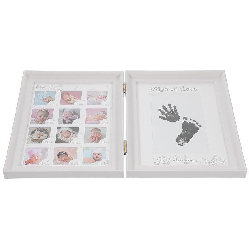 White Double Fold Newborn Footprint Picture Frame with Handprint Kit First Year Keepsake - Image 2