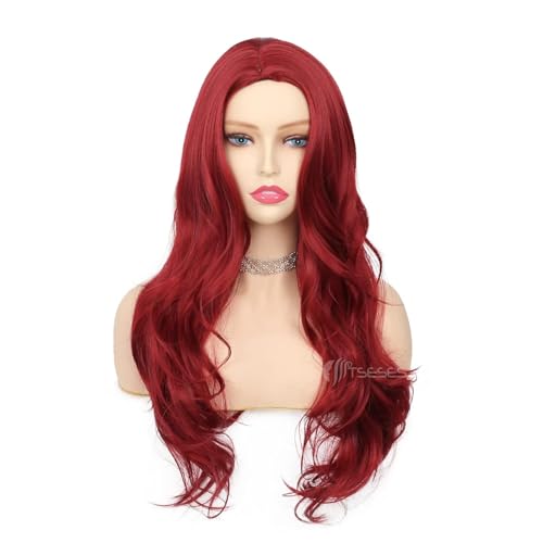 Tseses Red Wigs Long Curly Wavy Wigs for Women Side Part Natural Looking Cosplay Halloween Synthetic Fiber Wig (Red) - Image 2