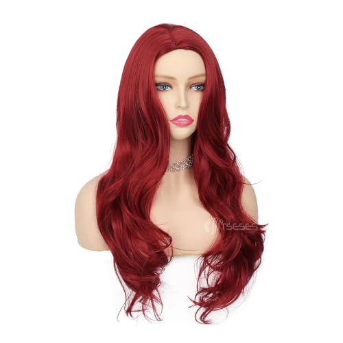 Tseses Red Wigs Long Curly Wavy Wigs for Women Side Part Natural Looking Cosplay Halloween Synthetic Fiber Wig (Red) - Image 4