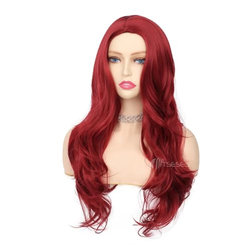 Tseses Red Wigs Long Curly Wavy Wigs for Women Side Part Natural Looking Cosplay Halloween Synthetic Fiber Wig (Red) - Image 3